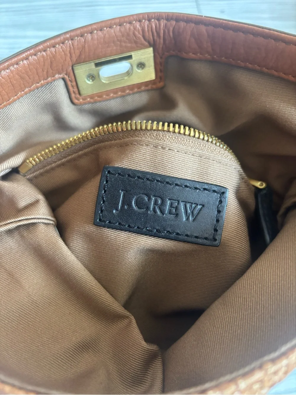 J. Crew Woven Straw Clutch with Tan Leather Trim and Turnlock Closure